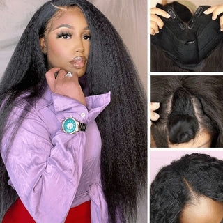 QVR V Part Kinky Straight Protective Style Wigs No Lace No Gel Glueless Kinky Human Hair Wigs For Women