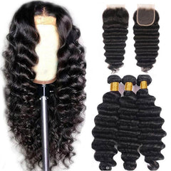 Loose Deep Wave Bundles with Closure Peruvian Hair Bundles with Closure Remy 100% Human Hair Bundles with 4x4 lace Closure 