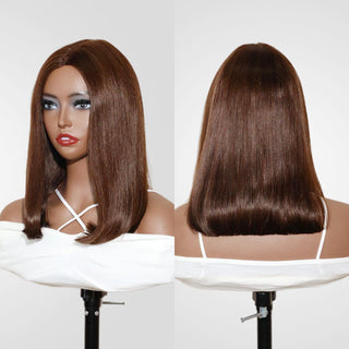 QVR 15A Glueless Mono Net Short Bob Wig Dark Brown #4 Color Natural Parting Unprocessed Virgin Hair Wigs