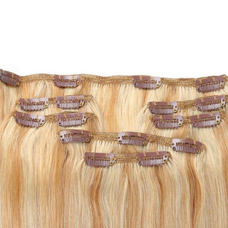 QVR Blonde Straight 7Pcs Clip in Hair Extensions Highlight #P27/613 Color Virgin Human Hair