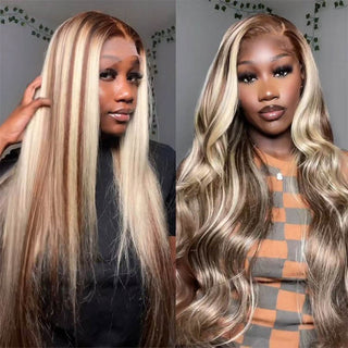 QVR Glueless Brown Wig With Blonde Highlights #P5/613 Straight&Body Wave 4x6 Pre-cut Lace Front Wigs