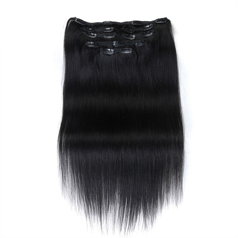 QVR Straight 7Pcs Clip in Virgin Human Hair Extensions Brazilian Natural Black #2 Color Hair