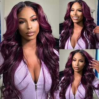 QVR Body Wave Ombre Smokey Dark Purple 13x4 Lace Front Wig With Black Root Human Hair