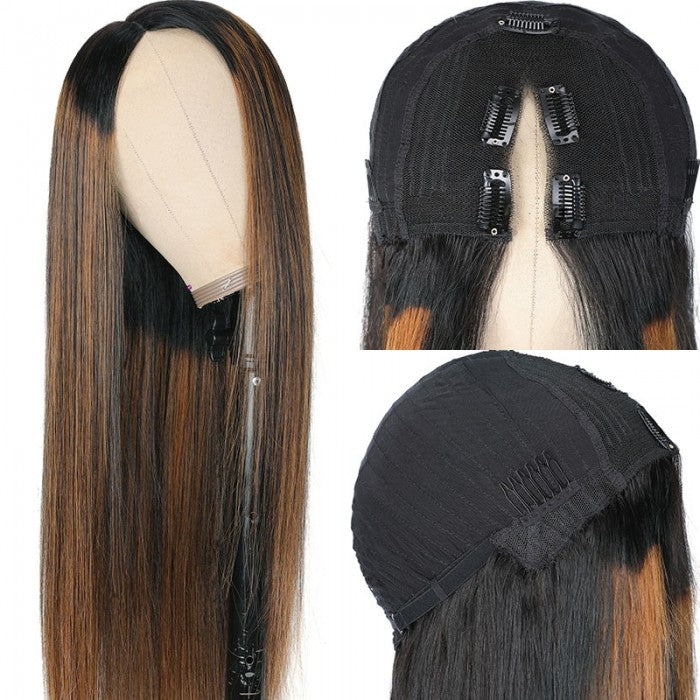 QVR Glueless Straight V Part Wig Balayage Highlights Beginner Friendly Upgrade U Part Wig