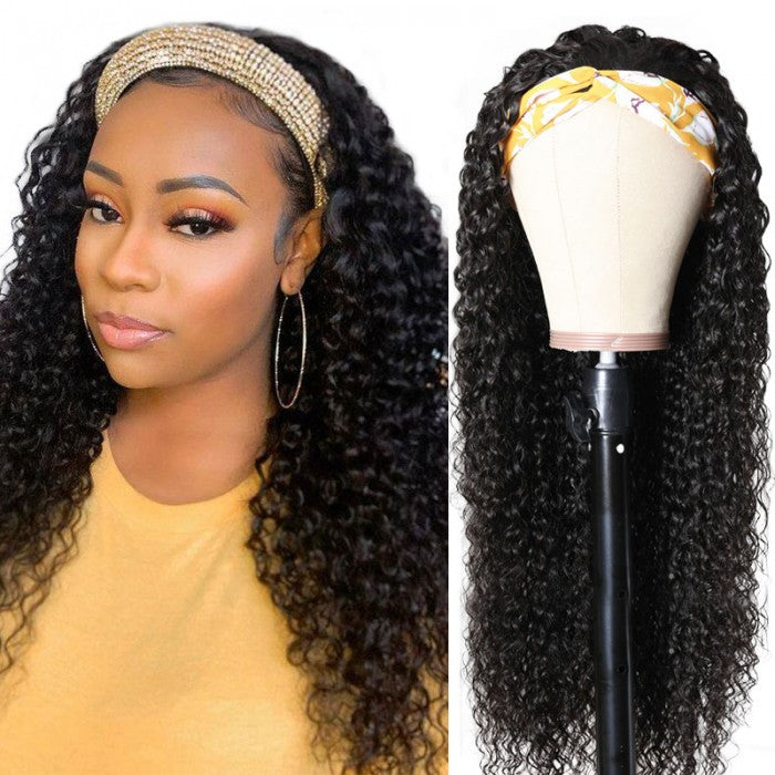 QVR Jerry Curly Wig Headband Wig Glueless Wig Human Hair Wigs Natural Looking