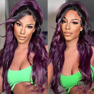 QVR Body Wave Ombre Smokey Dark Purple 13x4 Lace Front Wig With Black Root Human Hair