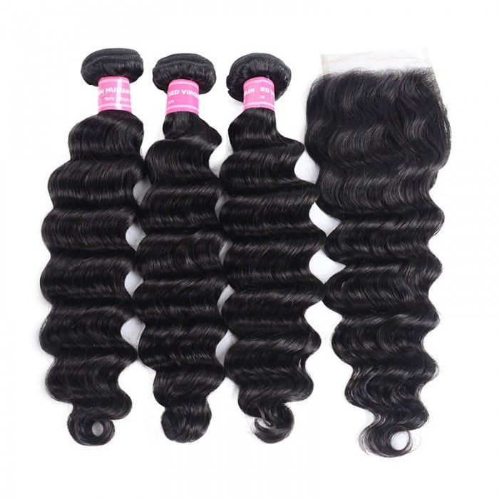 Loose Deep Wave Bundles with Closure Peruvian Hair Bundles with Closure Remy 100% Human Hair Bundles with 4x4 lace Closure