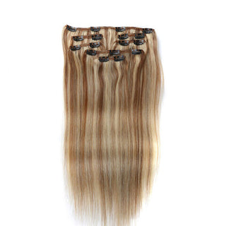 QVR Blonde Straight 7Pcs Clip in Hair Extensions Highlight #P27/613 Color Virgin Human Hair