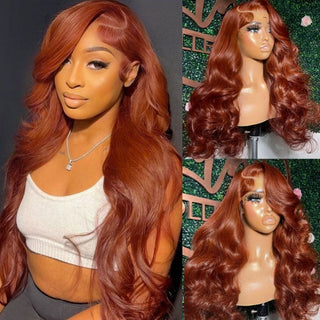 QVR Copper Brown 13x4 Lace Front Body Wave Wig Ginger Brown Pre plucked Hairline Human Hair Wigs