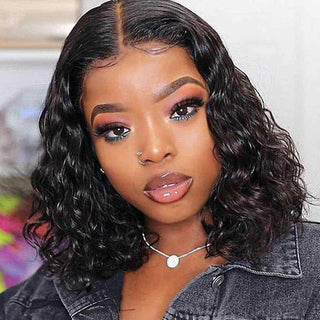 QVR Water Wave Glueless 13x4/4x4 Lace Frontal Short Bob Wigs Natural Black Blend Perfectly Wig