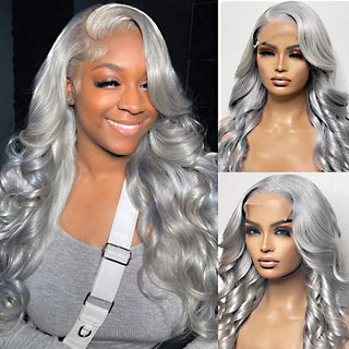QVR Silver Grey Body Wave/Straight Brazilian Human Hair Transparent 13x4 Lace Frontal Wig