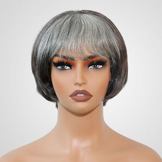 QVR Fashion Grey Highlights Lady Style Straight Pixie Cut Wigs with Grey Bangs