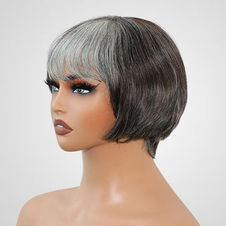 QVR Fashion Grey Highlights Lady Style Straight Pixie Cut Wigs with Grey Bangs