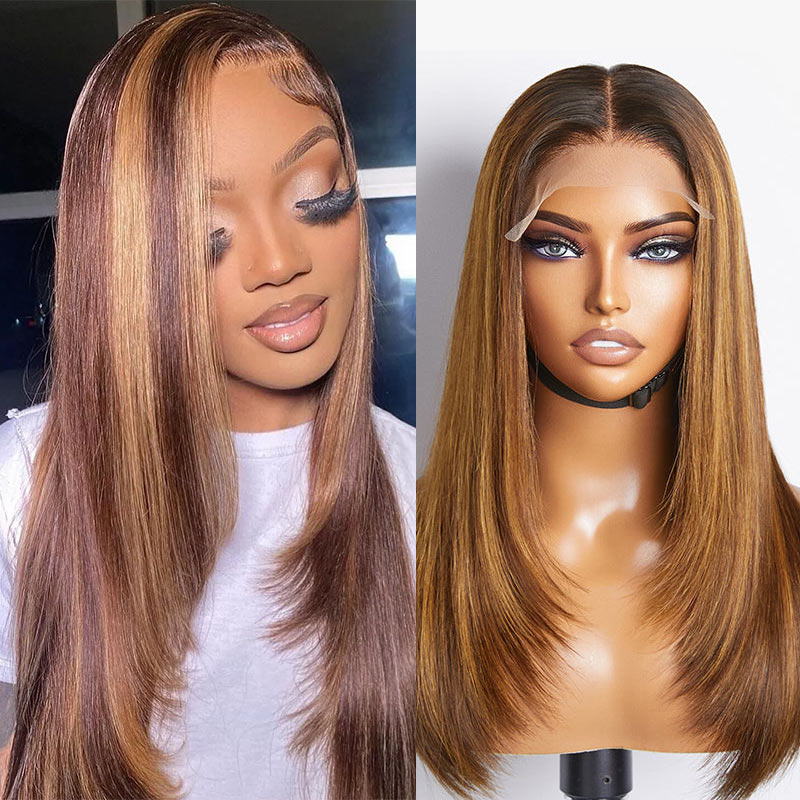 QVR Glueless Piano Highlight Straight 5x5 Lace Closure Wig Layered Cut Human Hair Brown Mix Blonde Wigs