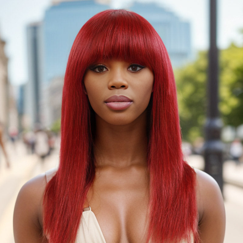 Flash Sale|Burgundy Straight Machine Made Wig With Bang No Lace