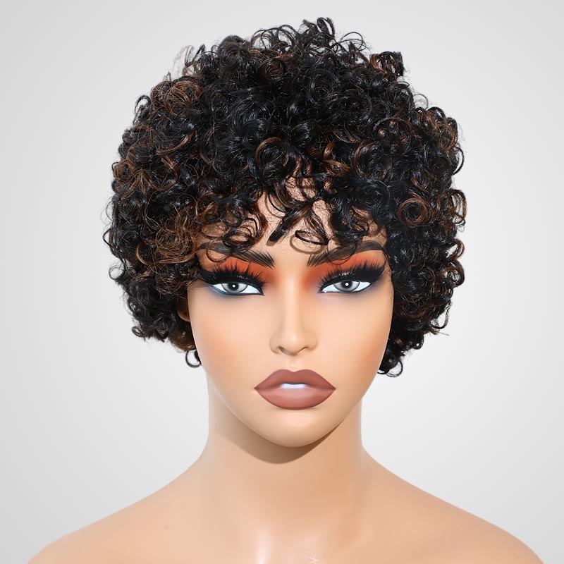 QVR Brown Highlights Short Curly Wigs with Cute Bang for Black Women