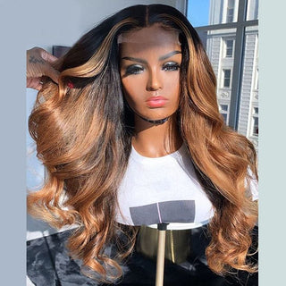 QVR Body Wave Hair 1B/30 Ombre Honey Brown Color Glueless 13x4 Lace Frontal Wig 100% Virgin Human Hair Wigs