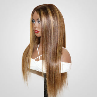 QVR Highlight V Part Wig Piano #4/27 Color Virgin Human Hair Soft Silky Straight Wigs