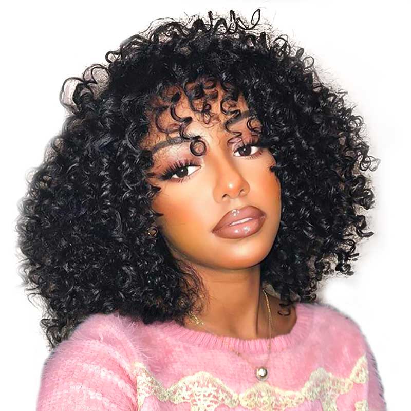 Member Free Gift| QVR Kinky Curly Machine Made Fringe Wigs With Bang 10''