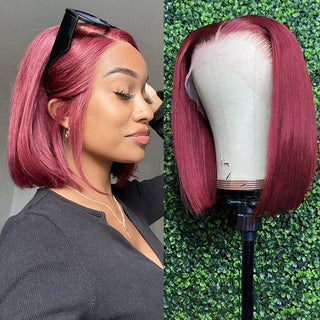 QVR 99J Burgundy Color T Lace Short Bob Wigs Straight Human Hair Wig 180% Lace Front Wigs