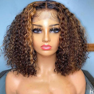 QVR Highlight Deep Curly Bob Human Hair Wigs Ombre Honey Brown 4x4 Lace Closure Wigs