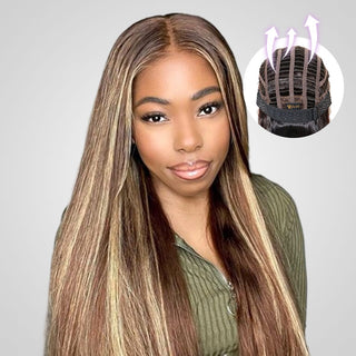 QVR Glueless Piano Color Pre-Cut 13x4 Lace Front Wig #4/27 Highlight Wear and Go Straight Human Hair Wig with Breathable Cap Beginner Wig