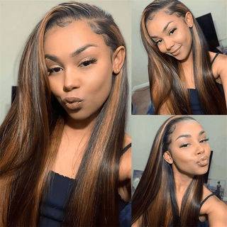 QVR #FB30 Straight Full Lace Wig Handmade Highlights Human Hair Knotless Wigs