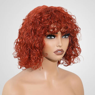 QVR Ginger Orange Color Water Wave Machine Made Wig With Bang Short Bob Wigs
