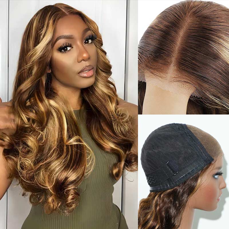 QVR 13x4 Transparent Lace Front Body Wave Wig Honey Blonde Piano Highlights Human Hair Wigs