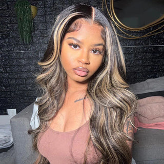 QVR Balayage Highlight Color 4x4 Transparent Lace Closure Invisible knots Pre-Plucked Body Wave Wig