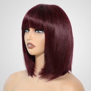 QVR Silk Straight 99J Color Machine Made Bob Wig With Bangs Straight Human Hair Wigs No Lace