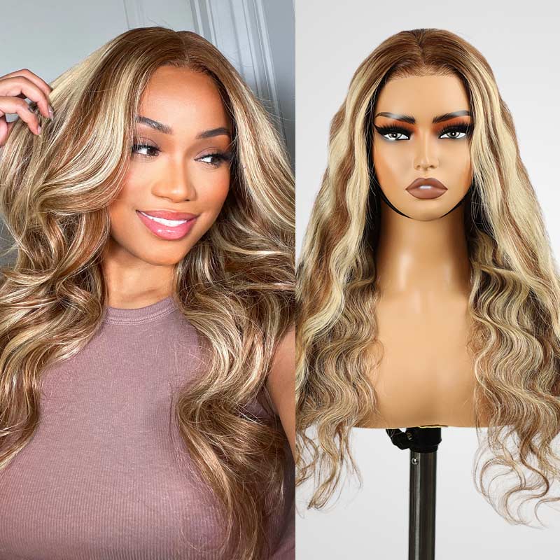 QVR Glueless Highlights Brown With Blonde Pre-cut 4x6 Lace Straight&Body Wave #P5/613 Wigs