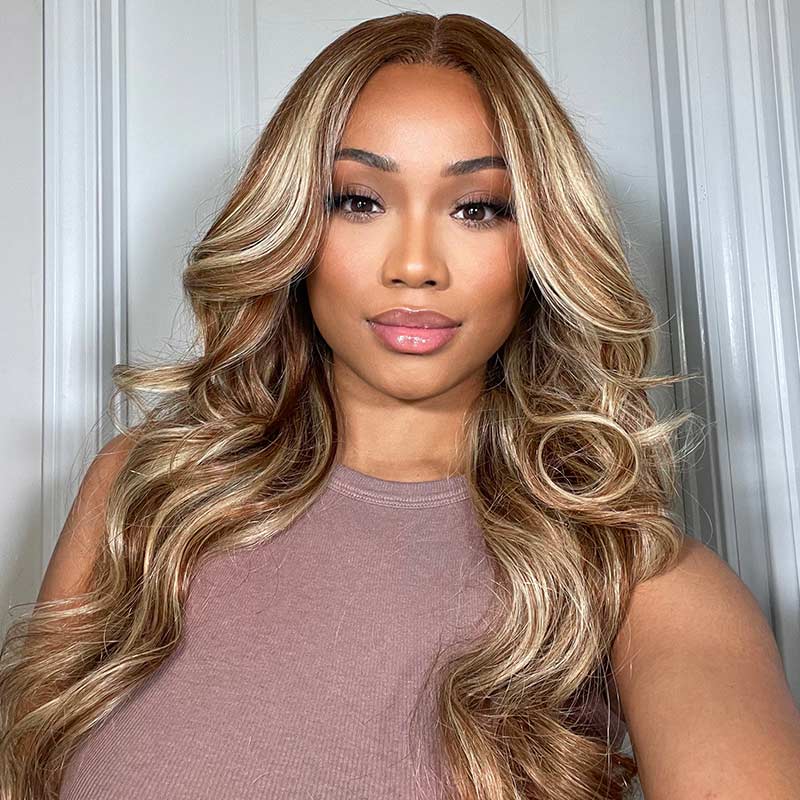 QVR Glueless Highlights Brown With Blonde Pre-cut 4x6 Lace Straight&Body Wave #P5/613 Wigs