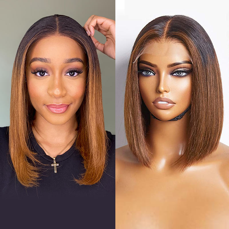 QVR Glueless Straight Ombre Brown Highlight Silky Blunt Cut 5x5 Lace Closure Short Bob Wigs
