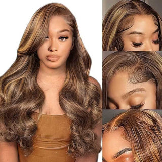 QVR P4/27 Body Wave 13x4 Lace Frontal Wig Honey Blonde Highlights Human Hair Wigs