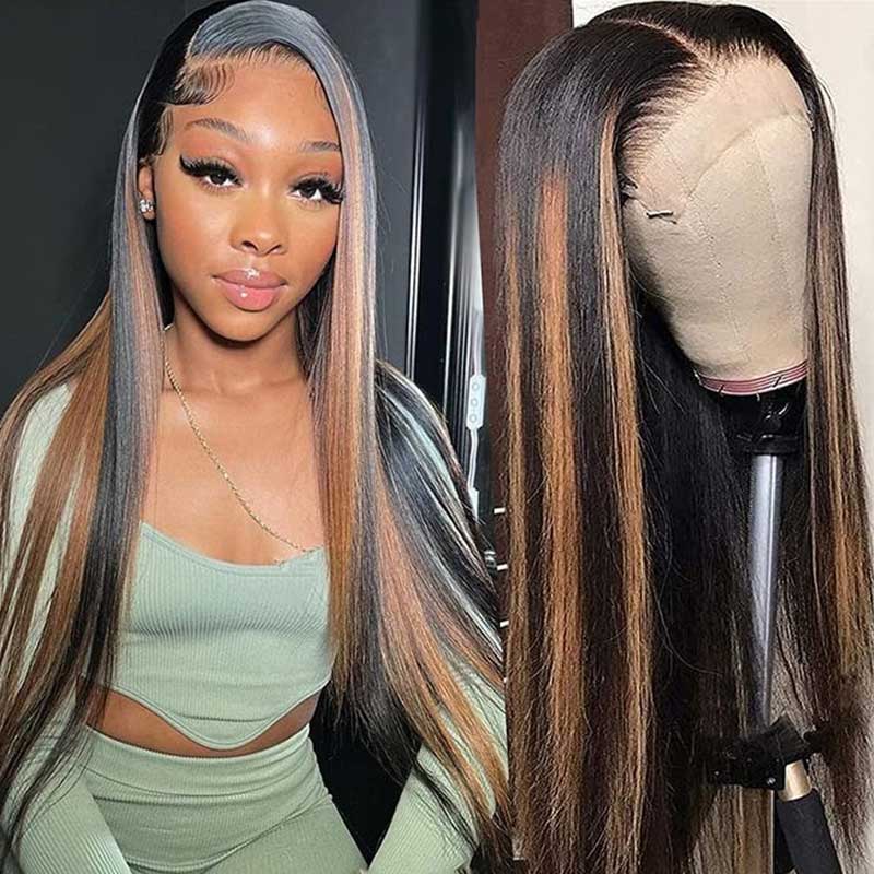 QVR #FB30 Straight Full Lace Wig Handmade Highlights Human Hair Knotless Wigs