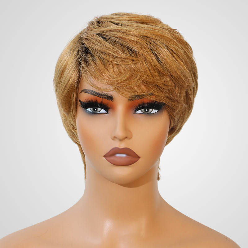 QVR Ombre Brown Blonde Short Human Hair Wig Machine Made Wigs