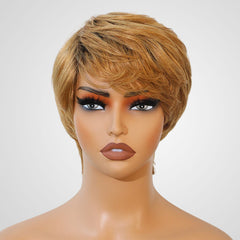 QVR Ombre Brown Blonde Short Human Hair Wig Machine Made Wigs 