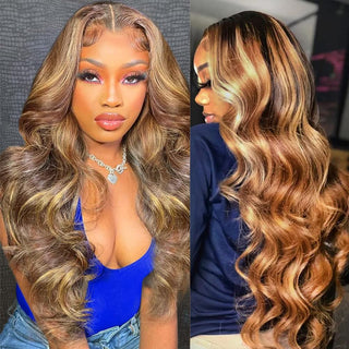 QVR 13x4 Transparent Lace Front Body Wave Wig Honey Blonde Piano Highlights Human Hair Wigs
