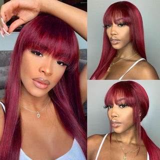 QVR 99J Burgundy Color Machine Made Wig With Bangs Stright Human Hair Wigs No Lace