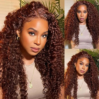 QVR Deep Wave Reddish Brown 13x4 Lace Frontal Wigs Pre-plucked Human Hair Wigs