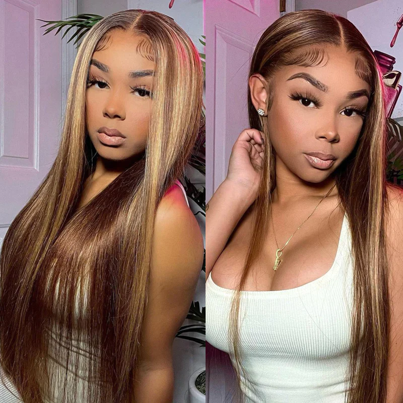 QVR Honey Blonde Highlight Straight 4x4 Lace Closure Wig Human Hair 13x4 Lace Front Wig