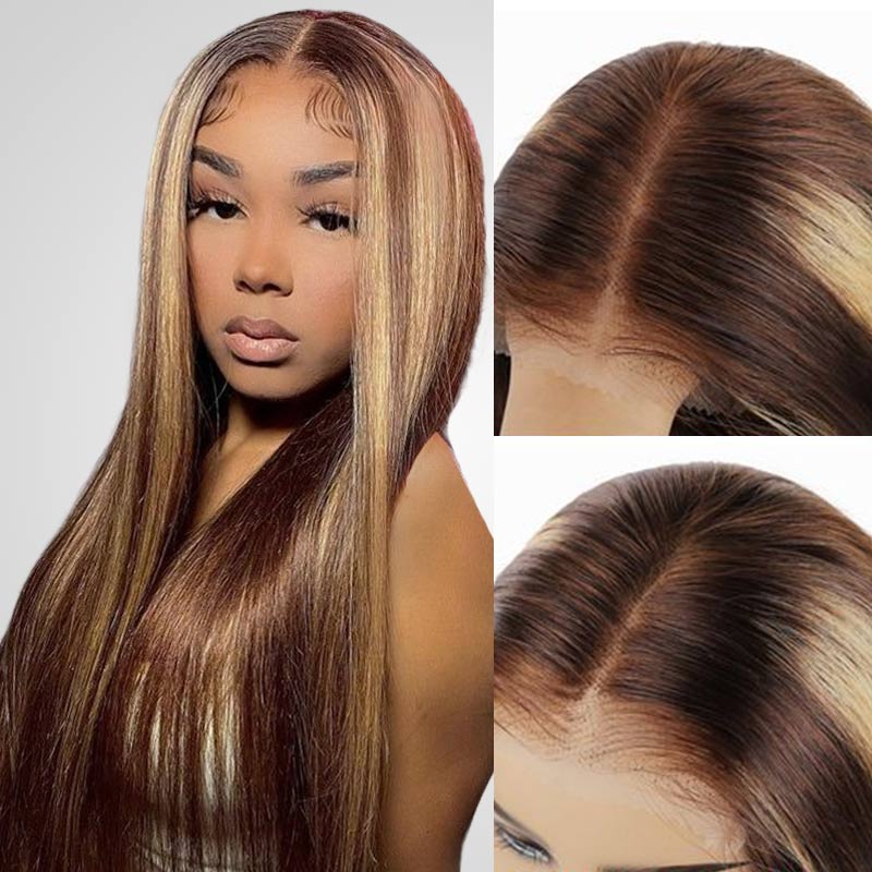 QVR Gluless Pre-cut 4x6 HD Lace Closure Human Hair Wigs Straight Piano Highlights Ombre Hair Wear and Go Wigs