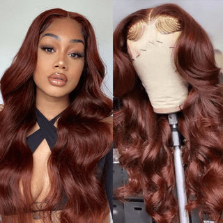 QVR Real Glueless 5x5 HD Transparent Lace Body Wave Wigs #33 Red Reddish Brown Auburn Color