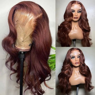 QVR Real Glueless 5x5 HD Transparent Lace Body Wave Wigs #33 Red Reddish Brown Auburn Color