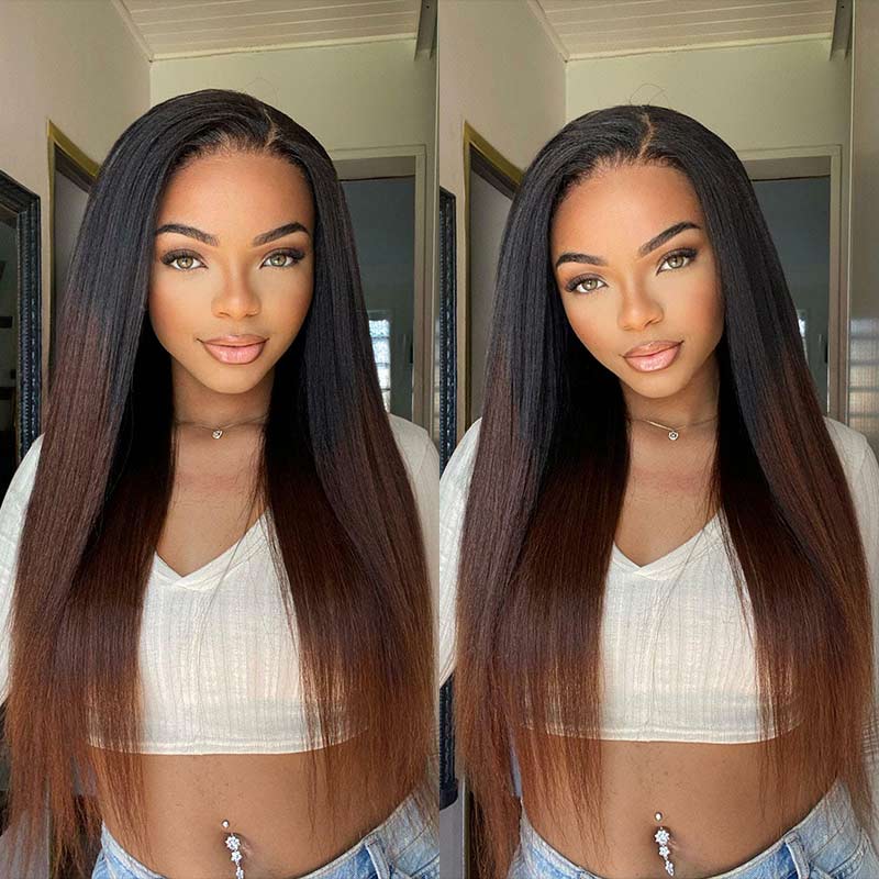 QVR Glueless Curly Edges Kinky Straight 5x5 Lace Closure Human Hair Wigs Black To Brown Ombre Long Wigs