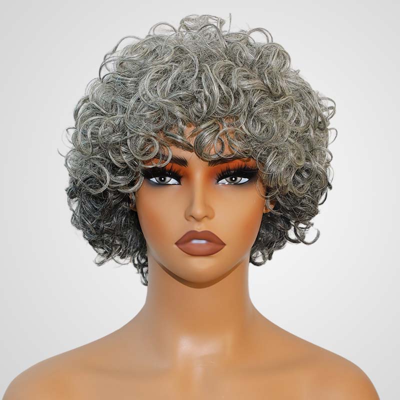 QVR Grey Curly Short Human Hair Wigs With Bang for Black Women
