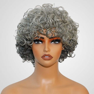 QVR Grey Curly Short Human Hair Wigs With Bang for Black Women