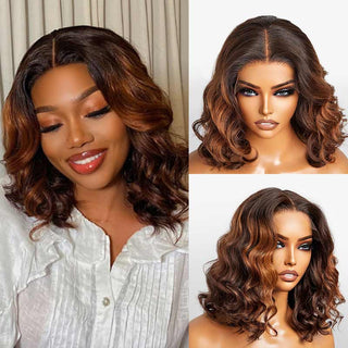 QVR Loose Wave 13x4x1 T part Lace Ombre Brown Human Hair Wigs Glueless Short Bob Wig