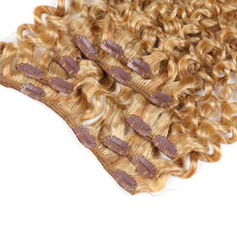 QVR #613 Hair 7Pcs Clip in Hair Extension Brazilian Jerry Curly Blonde Color Virgin Human Hair
